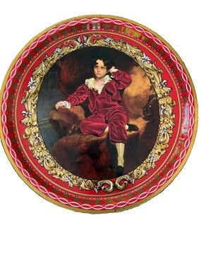 Vintage Decorative Round Tin Tray with Classical Boy Portrait Red & Gold